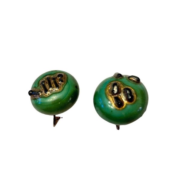 Vintage Green Abstract Dot Clip On Non-Pierced Earrings Goldtone .75" - Picture 3 of 6